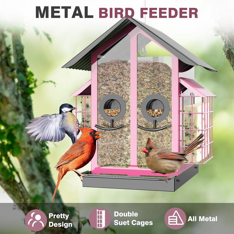 FlowaFoli Bird Feeders for Outdoors, Metal Bird Feeder with Double Suet Cage Weatherproof Metal Roof, 2 in 1 Mixed Seeds Suet Feeder, 4Lbs Large Capacity, Great for Finch、Cardinal、Chickadee（Pink） - Image 3